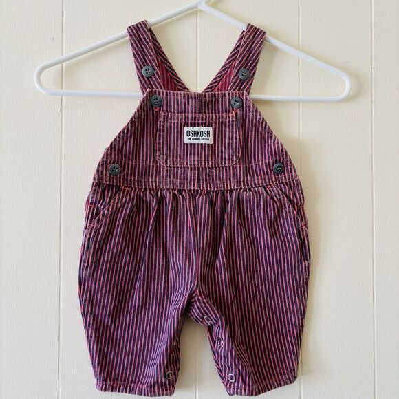 Vtg Oshkosh B'Gosh Kids Denim Bib Overalls Pink Hickory Pin Striped 0-3 Month - Picture 1 of 6